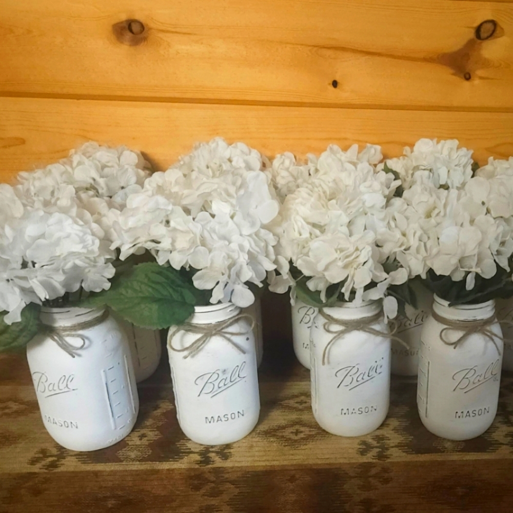 8 Mason Jar chalk painted centerpieces with artificial flowers